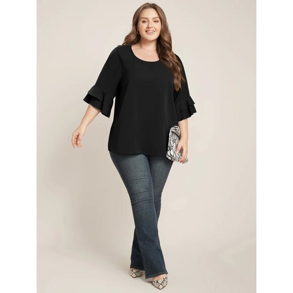 NWT BloomChic Plain Ruffle Tiered Round Neck Blouse Size 10/M - Picture 4 of 4